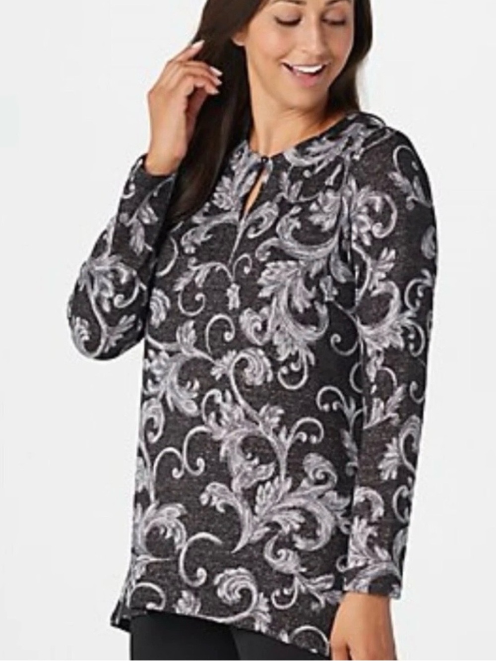 NEW Susan Graver Tunic Sweater Women Sz 3X Silver Black Metallic Floral Dressy